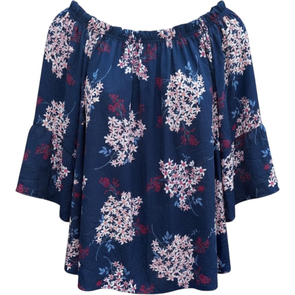 Violet + Claire Navy Blue Floral Off The Shoulder Bell Sleeve Blouse 2X